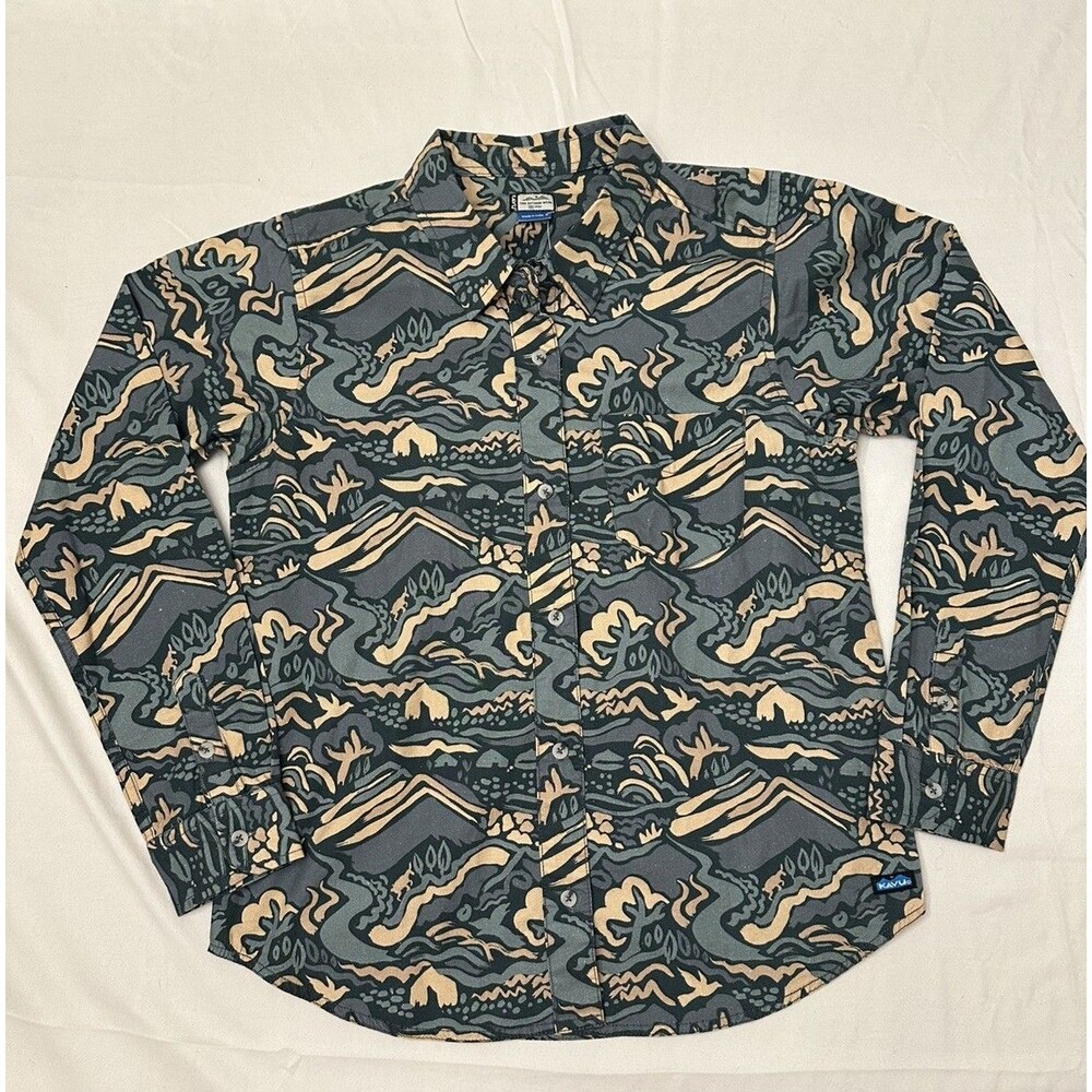KAVU Barlow Shirt Men S Green Gray Tan Brush Valley Print Button Up Long Sleeve